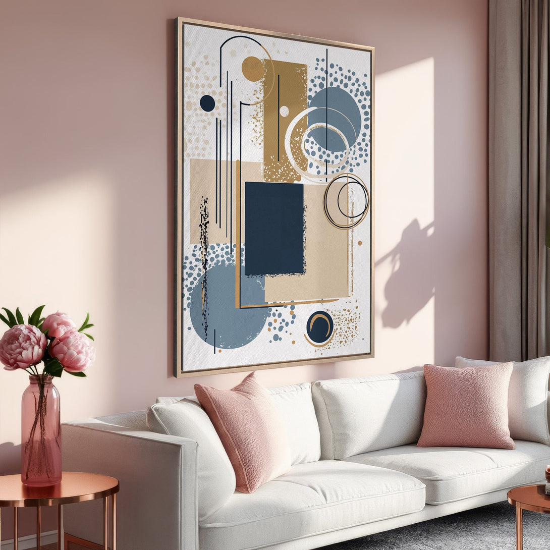 Framed Wall Art: Abstract geometric design in blue, gold, and beige. Modern canvas print adds a touch of elegance to any living room. Shop now!