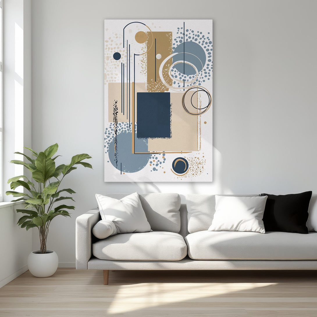 Framed Wall Art: Modern abstract art canvas print in blue, beige, and gold. Perfect for bedroom decor. Shop now for stylish wall art!