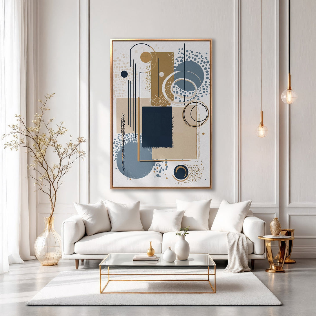 Framed Wall Art featuring abstract geometric design in blue, beige, and gold tones. Modern art for living room decor.