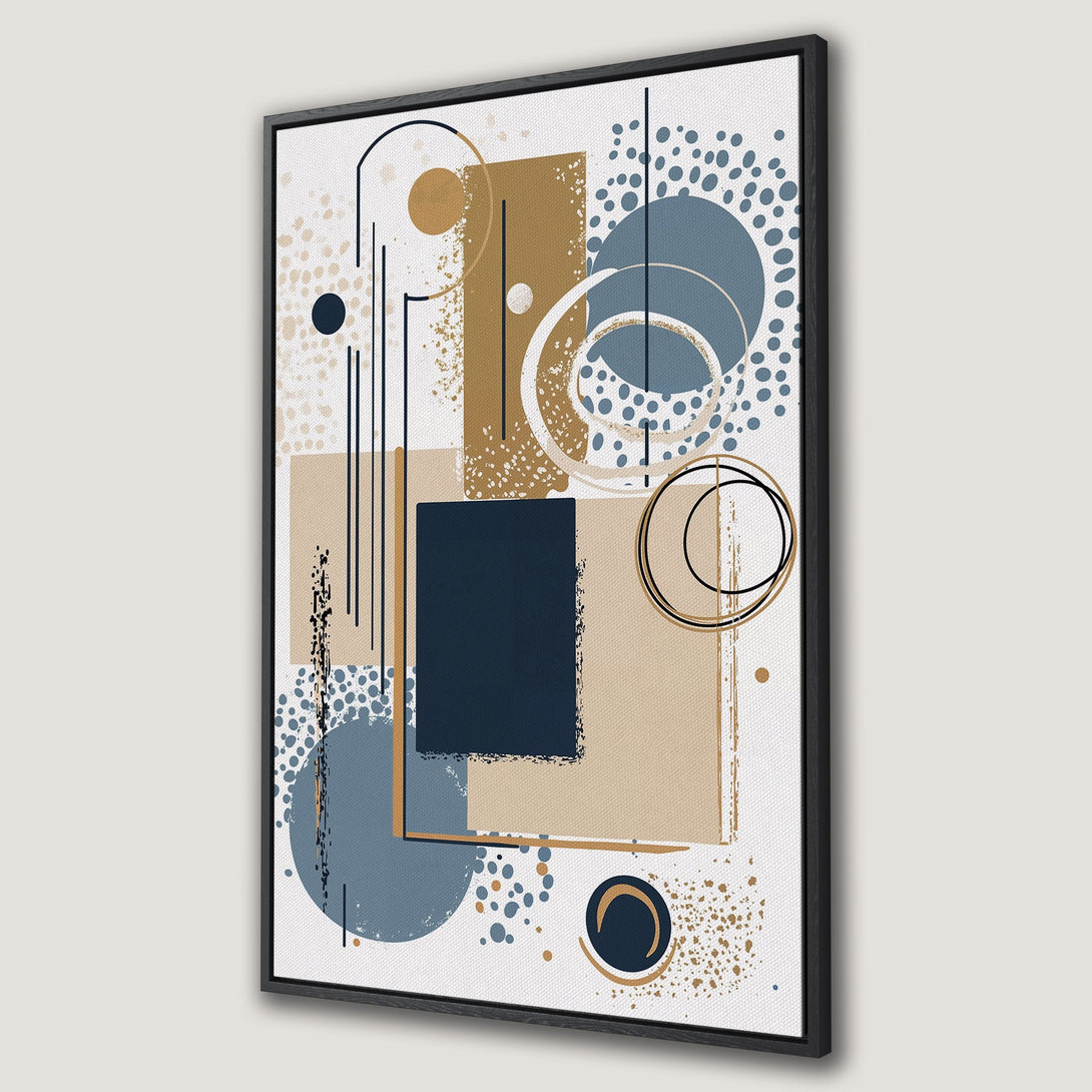 Framed Wall Art featuring abstract geometric art in a modern style with a neutral color palette of blue, beige, and gold. Perfect for home decor.