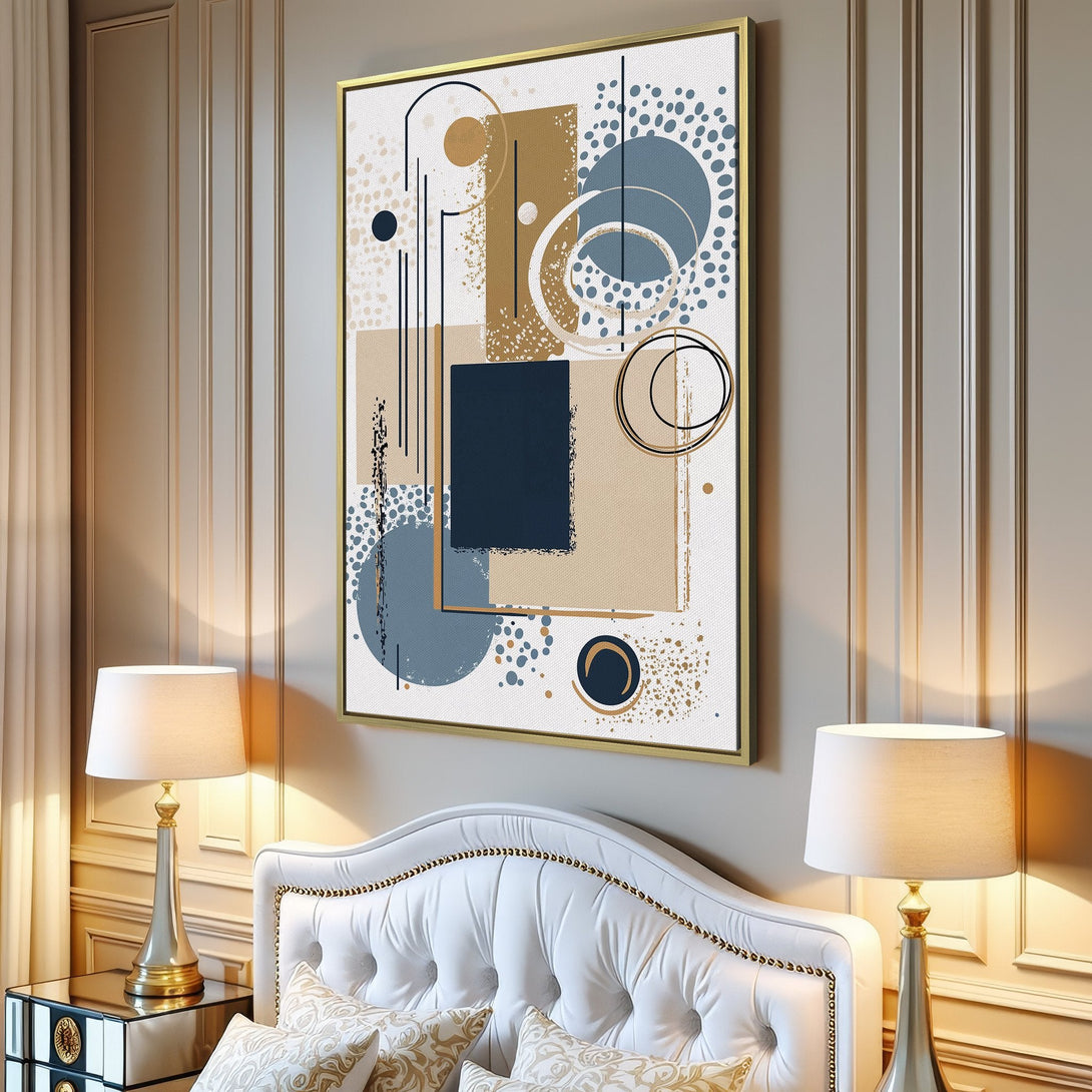 Canvas Print: Modern abstract art in blue, beige, and gold tones. Perfect wall decor for living rooms. Geometric design adds a stylish touch to any space.