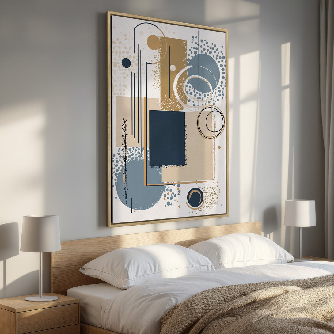 Framed Wall Art: Modern abstract art Canvas Print with geometric shapes in blue, beige, and gold. Perfect for bedroom decor.