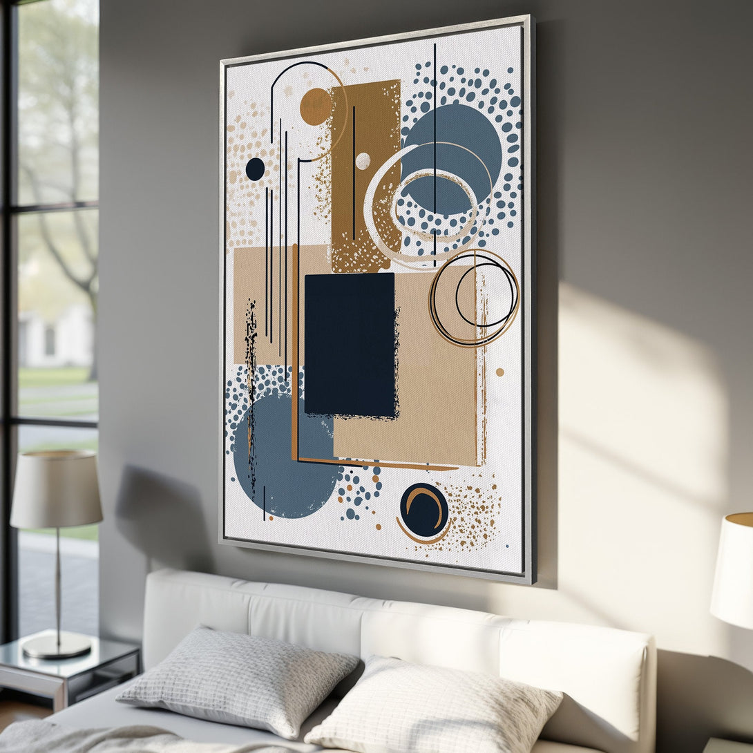 Framed Wall Art: Abstract geometric Canvas Print in blue, beige, and gold. Modern art for bedroom decor.