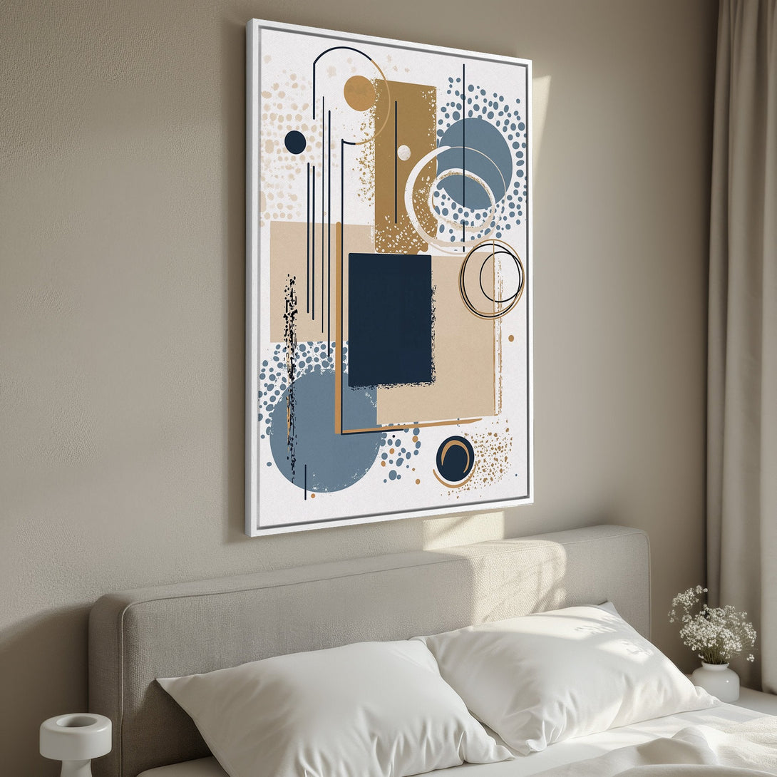 Framed Wall Art: Modern abstract art print in blue, gold, and beige tones. Perfect for bedroom decor. Shop stylish canvas prints today!