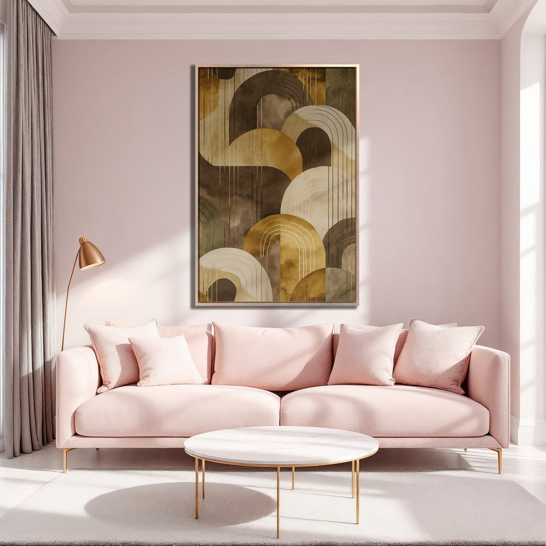Framed Wall Art featuring an abstract geometric design in warm earth tones. Perfect for adding a touch of modern elegance to any living room.