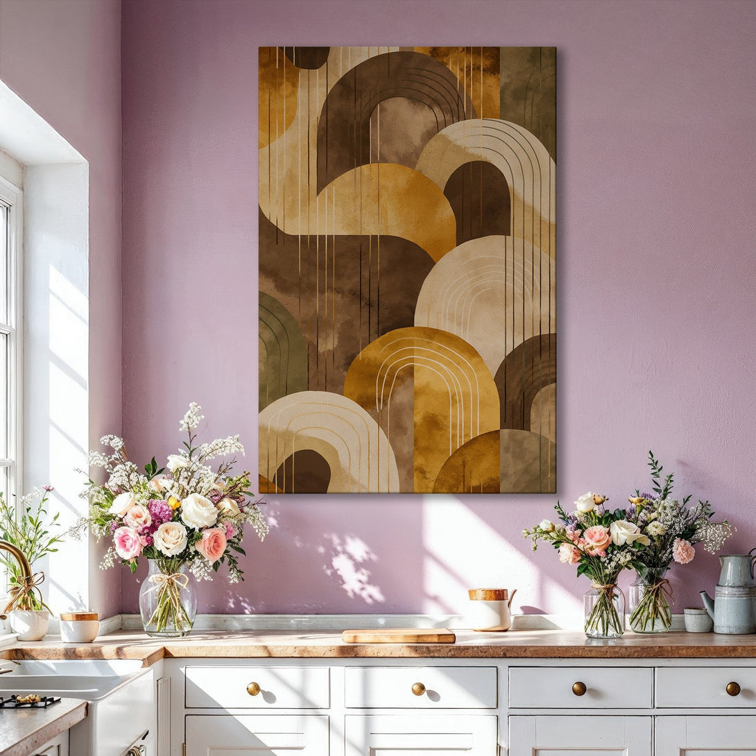 Framed Wall Art featuring an abstract geometric design in warm brown and gold tones. Modern art perfect for living room decor.