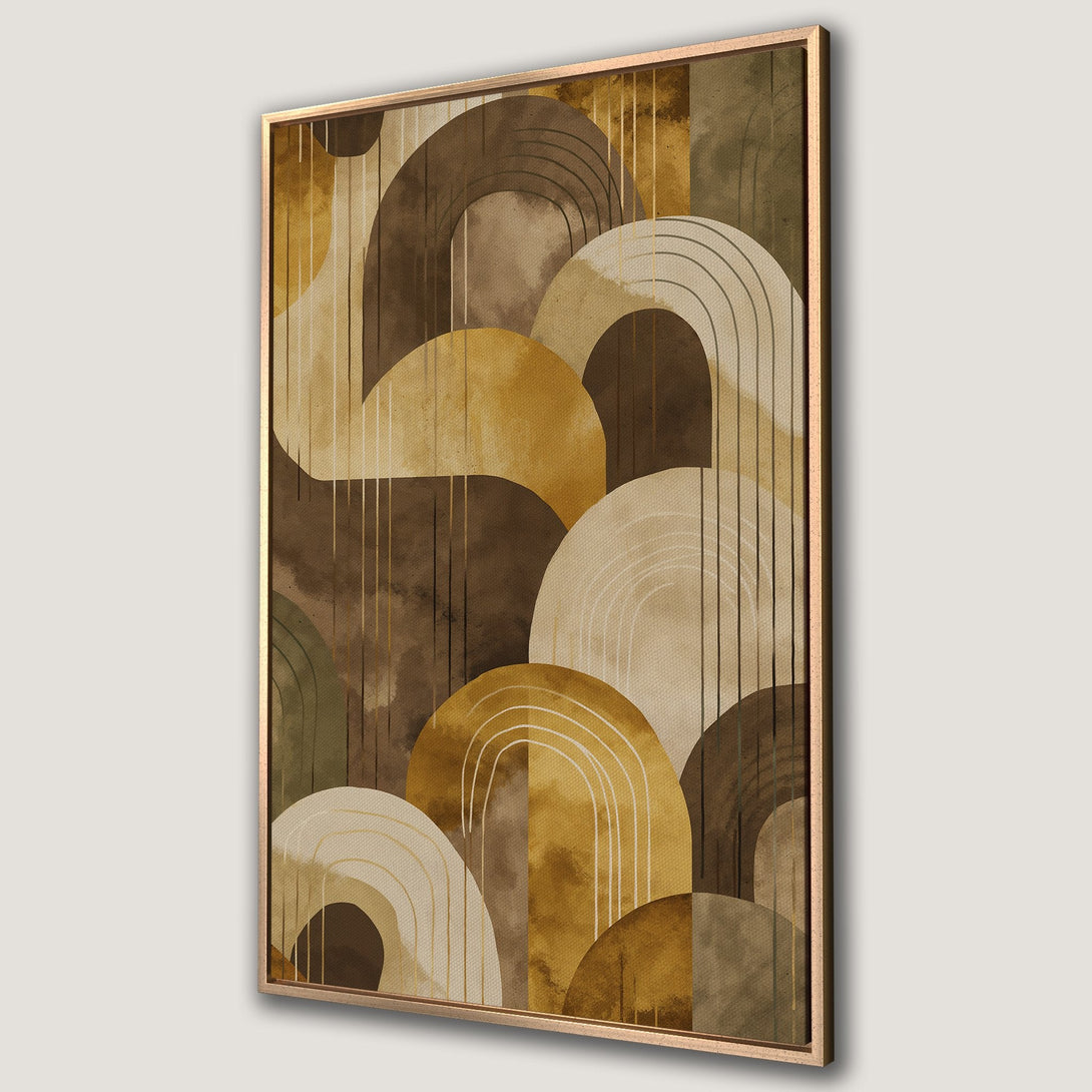 Framed Wall Art featuring abstract geometric shapes in warm earth tones. Modern canvas print with a stylish, minimalist design and a golden frame.
