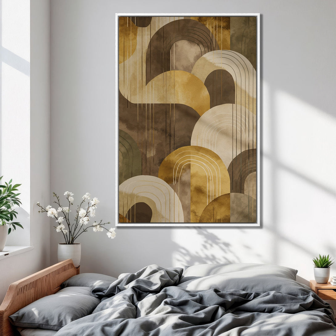 Framed Wall Art featuring an abstract geometric design in warm earth tones. Modern art piece adds a touch of elegance to any bedroom decor.