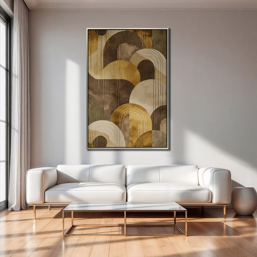Framed Wall Art featuring abstract geometric design in warm earth tones, perfect for modern living room decor.