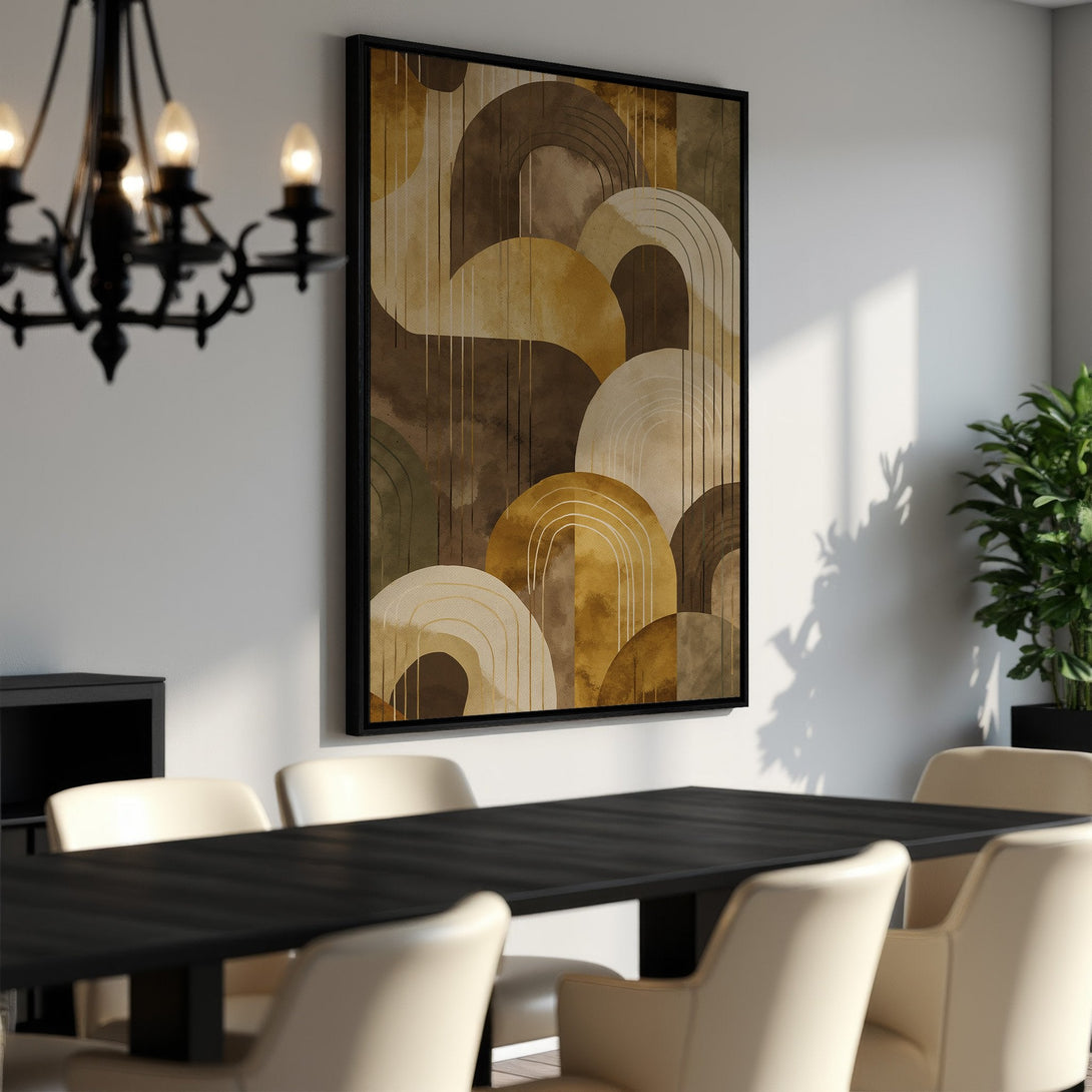 Framed Wall Art featuring abstract geometric design in warm earth tones. Modern art canvas print adds sophistication to any dining room.