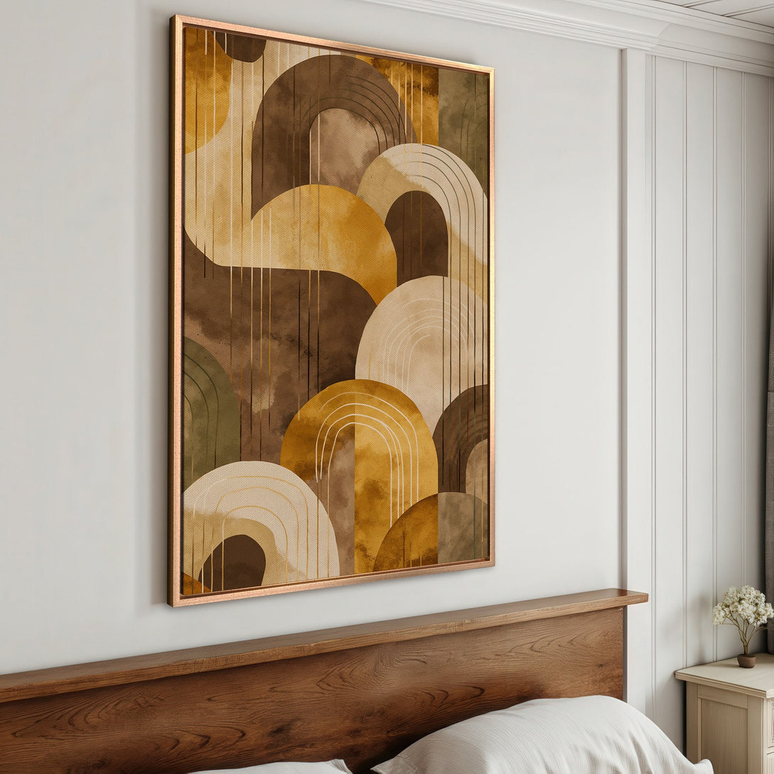 Framed Wall Art featuring abstract geometric design in warm earth tones. Perfect for adding a touch of modern elegance to your bedroom decor.