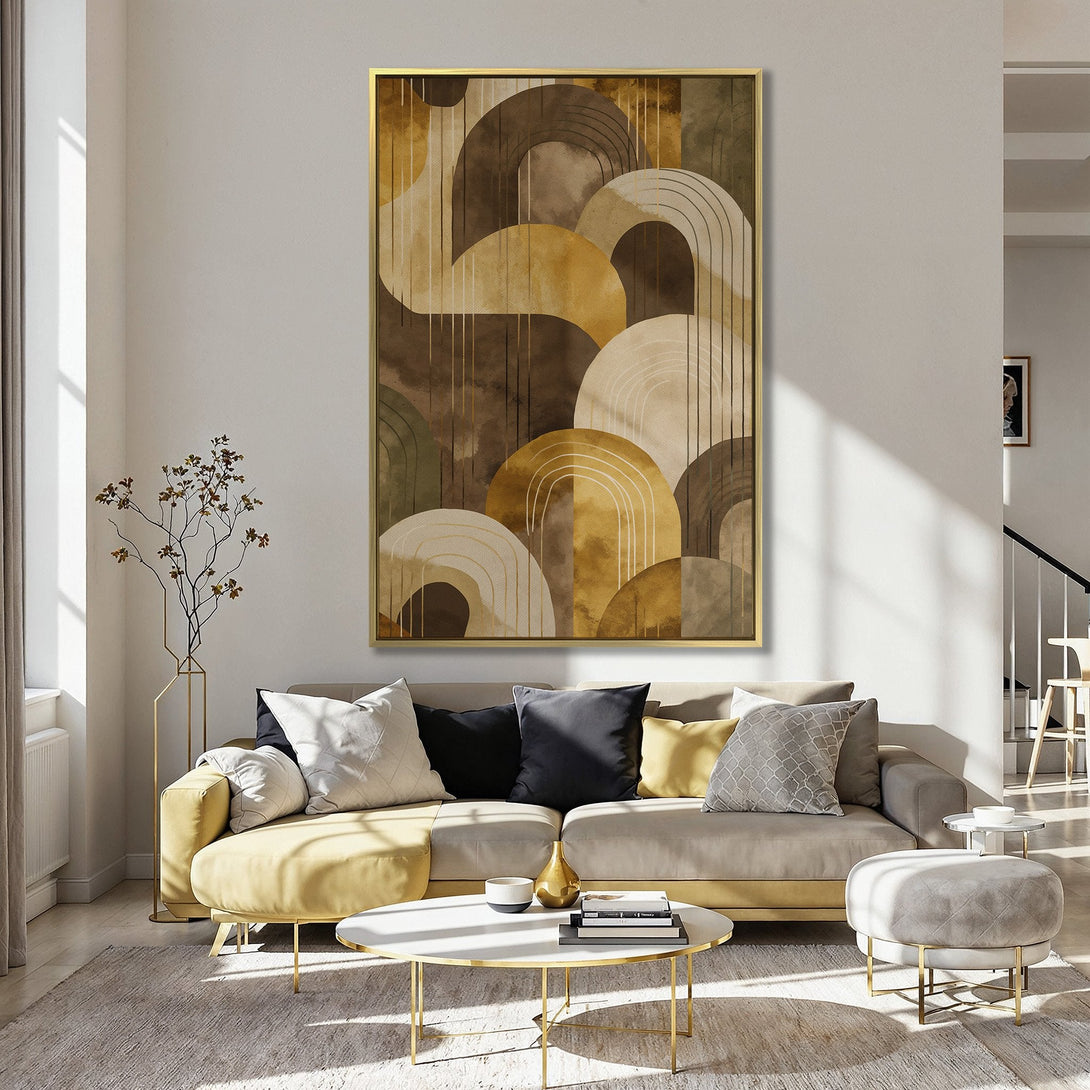 Canvas Print: Abstract art with geometric shapes in warm brown and gold tones, perfect for adding a touch of modern style to any space.