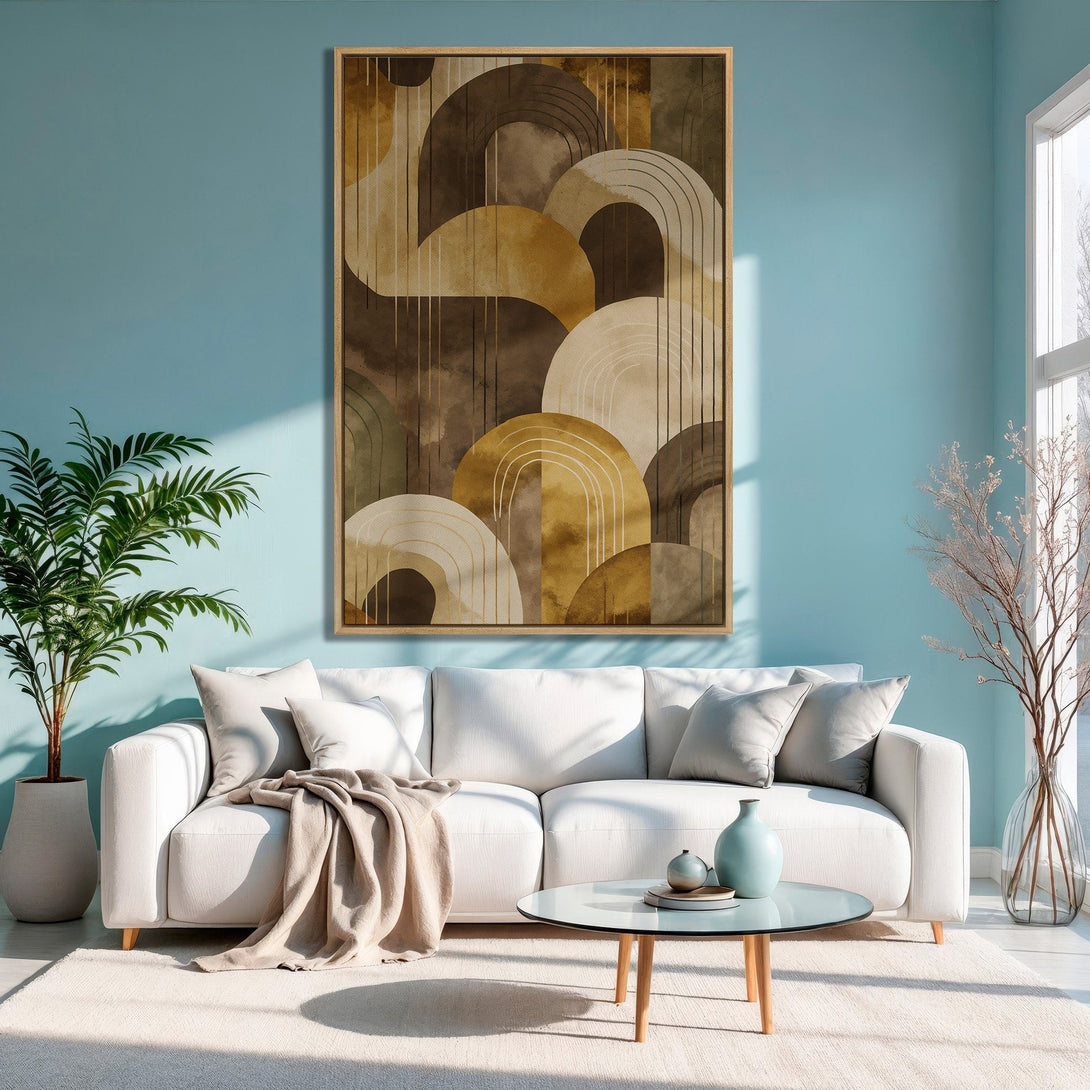 Framed Wall Art featuring abstract geometric design in warm brown and gold tones, perfect for modern living room decor.