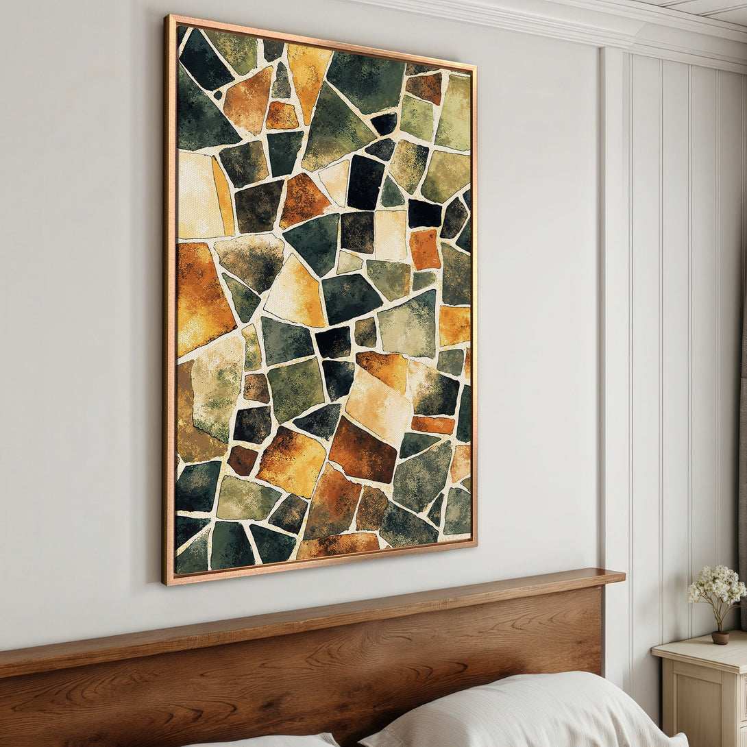 Framed Wall Art: Abstract mosaic design in earthy tones of green, gold, and brown. Perfect for adding a touch of modern art to your bedroom decor.