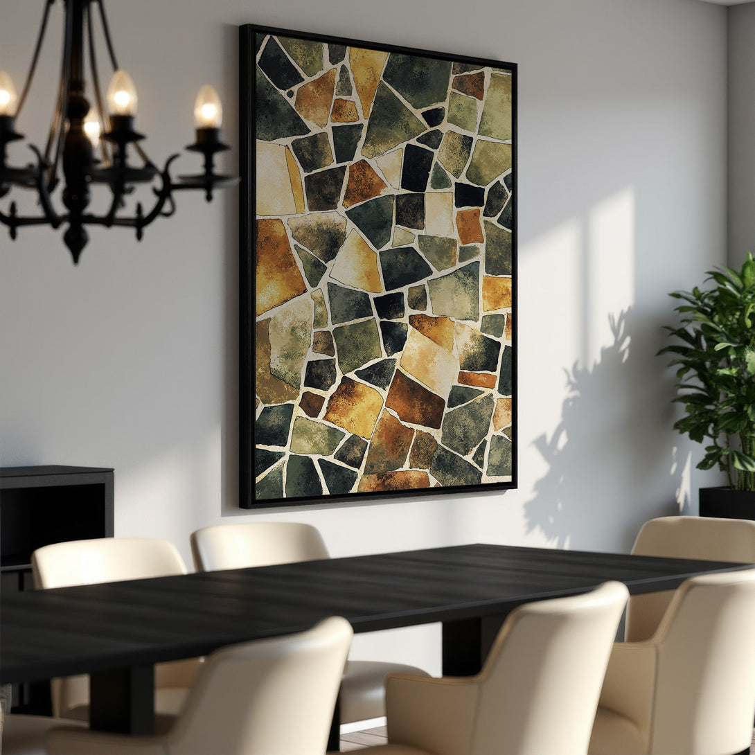 Framed Wall Art with abstract mosaic design in earthy tones. Perfect for adding a touch of modern art to your dining room or living space.