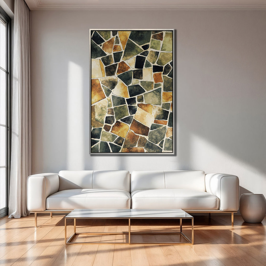 Framed Wall Art: Abstract mosaic canvas print with warm earth tones. Modern art for living room decor.