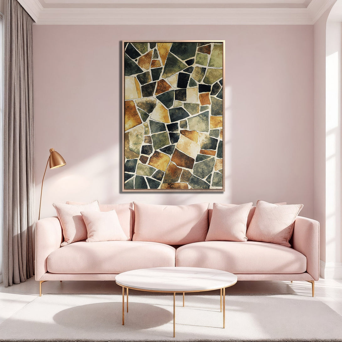 Framed Wall Art featuring an abstract mosaic design in earthy tones. Adds a touch of modern elegance to any space. Warm color palette.
