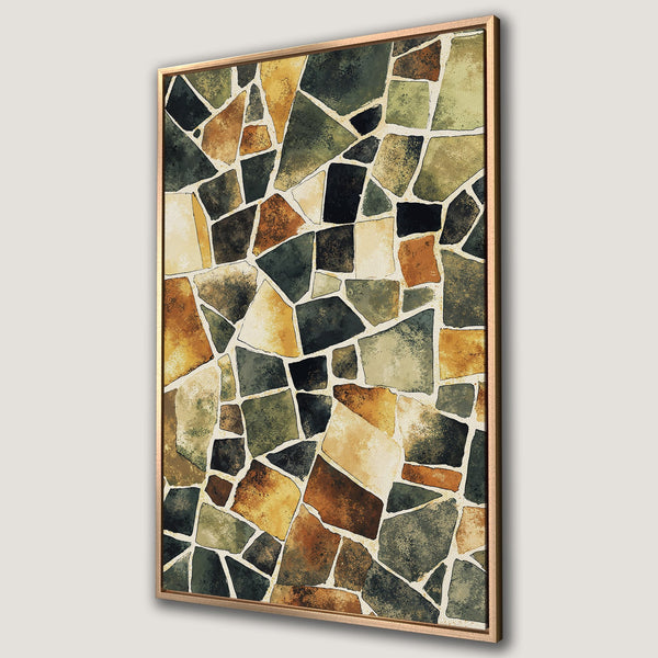 Framed Wall Art featuring abstract mosaic design in earthy tones of green, brown, and gold. Perfect for adding a touch of nature-inspired style to your space.