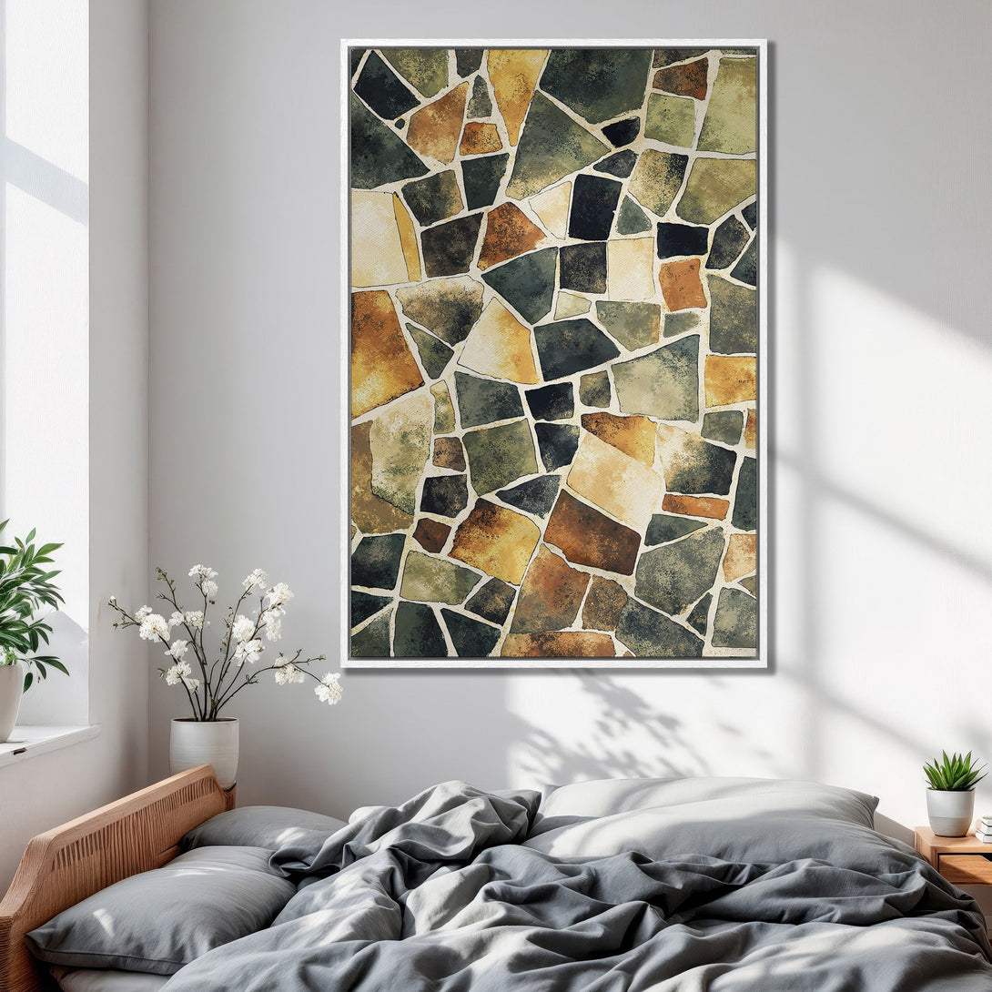 Framed Wall Art featuring an abstract stone mosaic design in earthy tones of green, brown, and beige. Perfect for adding a touch of nature-inspired art to your bedroom.