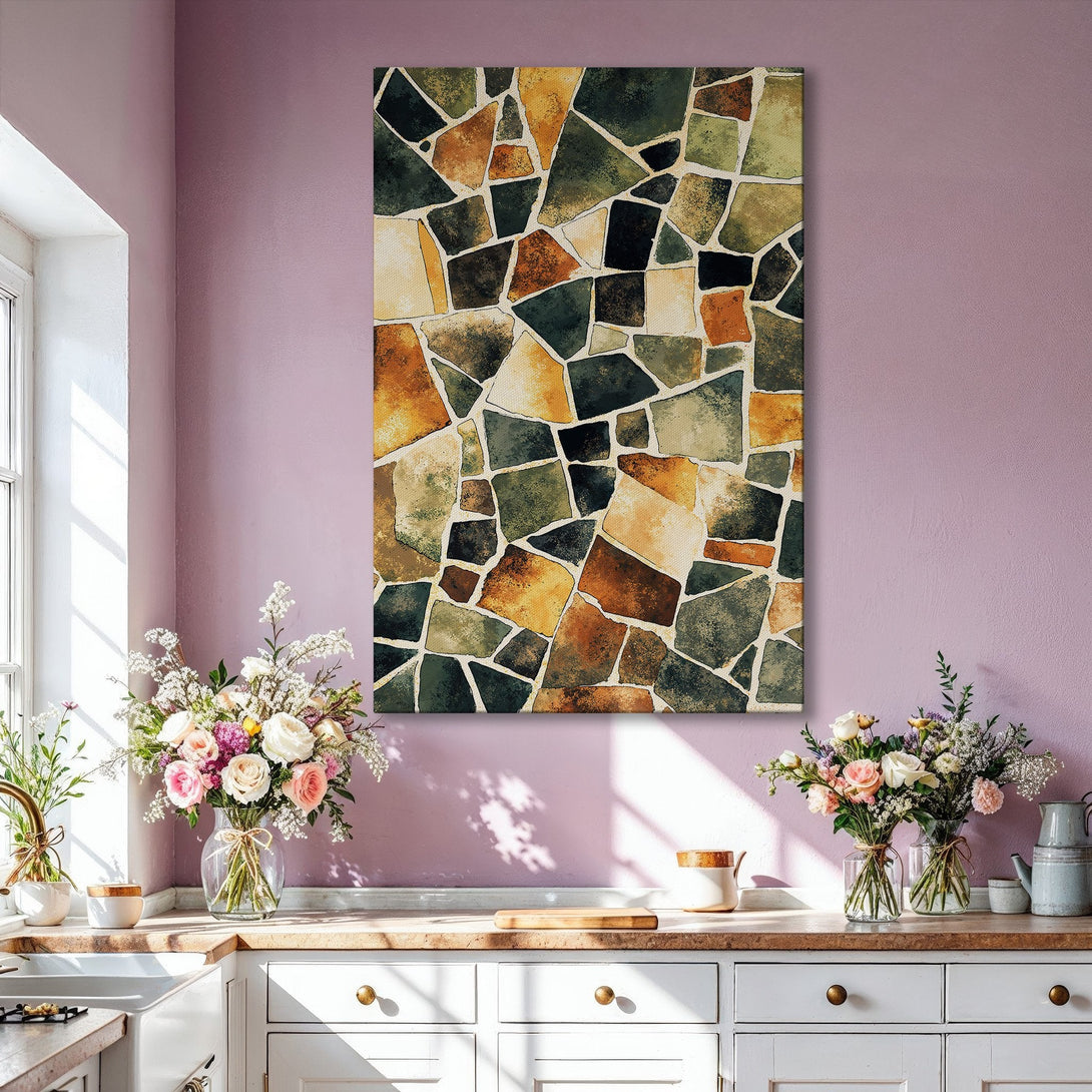 Framed Wall Art featuring an abstract mosaic design in earthy tones. Modern interior decor with a warm, inviting color palette. Perfect for living rooms!