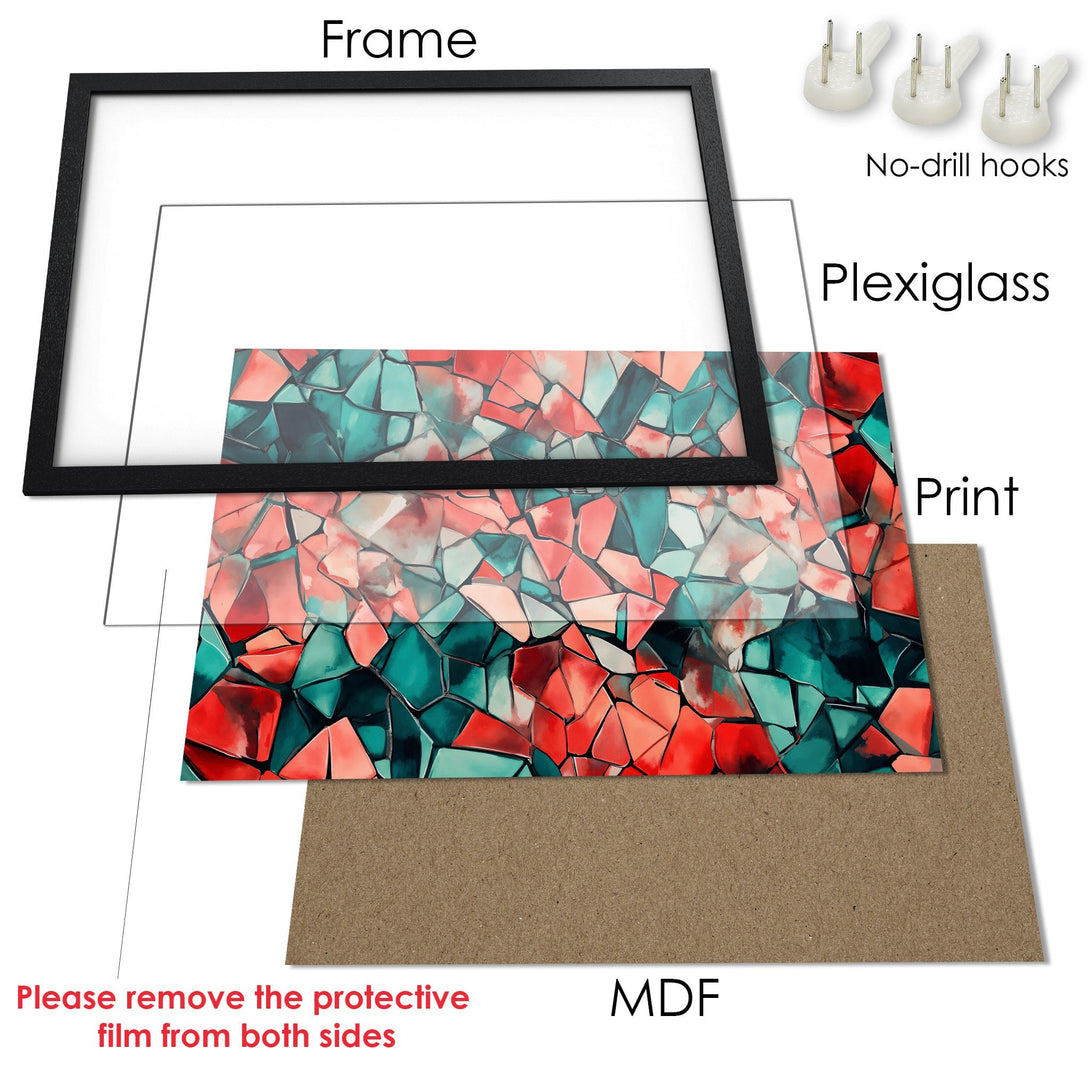 Framed Poster featuring abstract art in teal and red tones. Modern style, ready to hang and brighten your space!