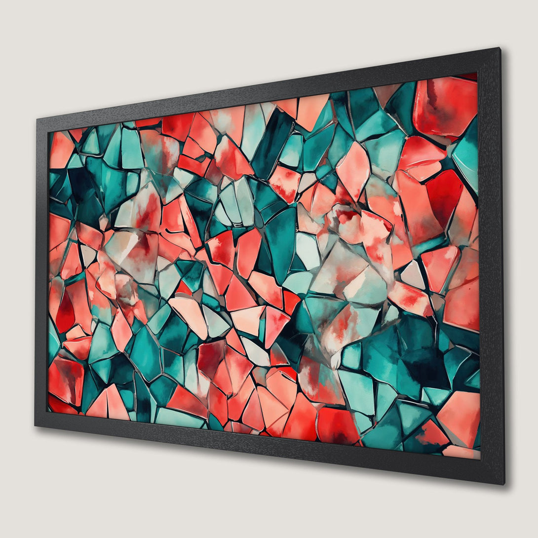 Framed Poster featuring abstract geometric art in teal, red, and peach. Modern wall art for home decor.