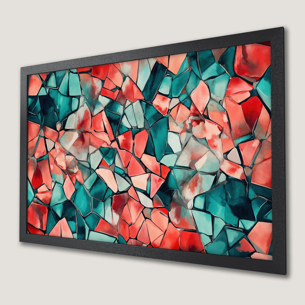 Framed Poster featuring abstract geometric art in teal, red, and peach. Modern wall art for home decor.