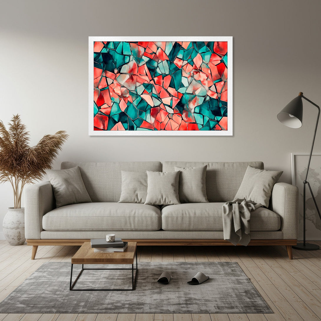 Framed Poster featuring abstract geometric art in teal and coral, a modern statement piece for your home.