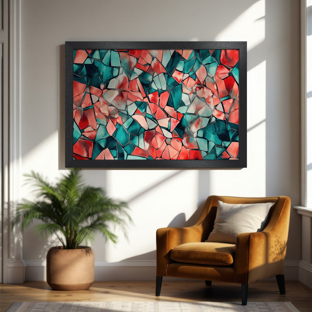 Framed Poster featuring abstract geometric art in teal, red, and white. Modern style, perfect for home decor. Add a pop of color!