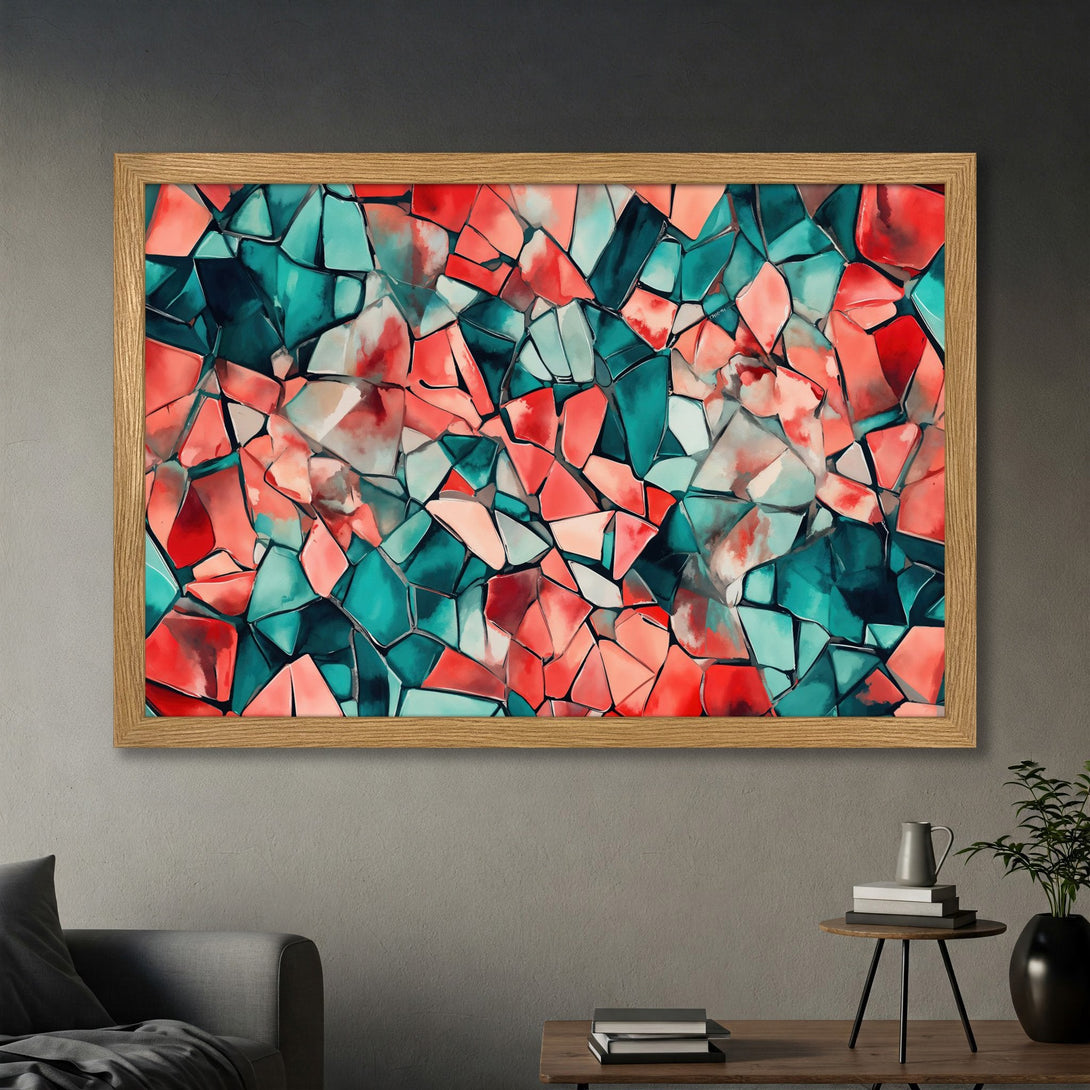 Framed Poster featuring abstract geometric art in teal, coral, and red. Modern art print for stylish home decor.