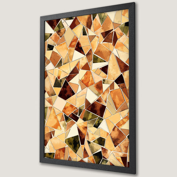 Framed Poster featuring an abstract geometric design in warm earth tones: browns, oranges, and yellows. Modern art for your home.