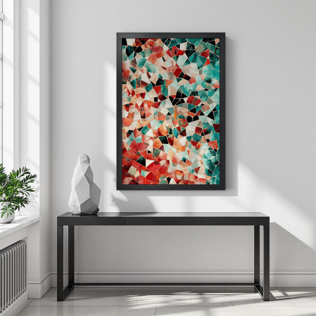 Framed Poster featuring an abstract mosaic design in a vibrant red, teal, and black color palette. Modern art for your home!