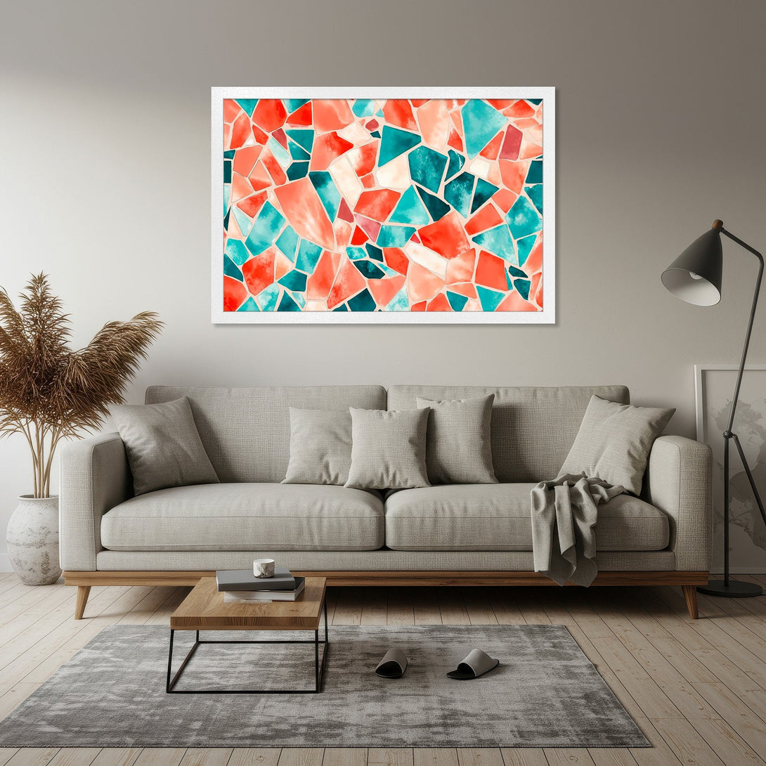Framed Poster featuring an abstract geometric design in vibrant teal, coral, and white. Modern art style, perfect for home decor.