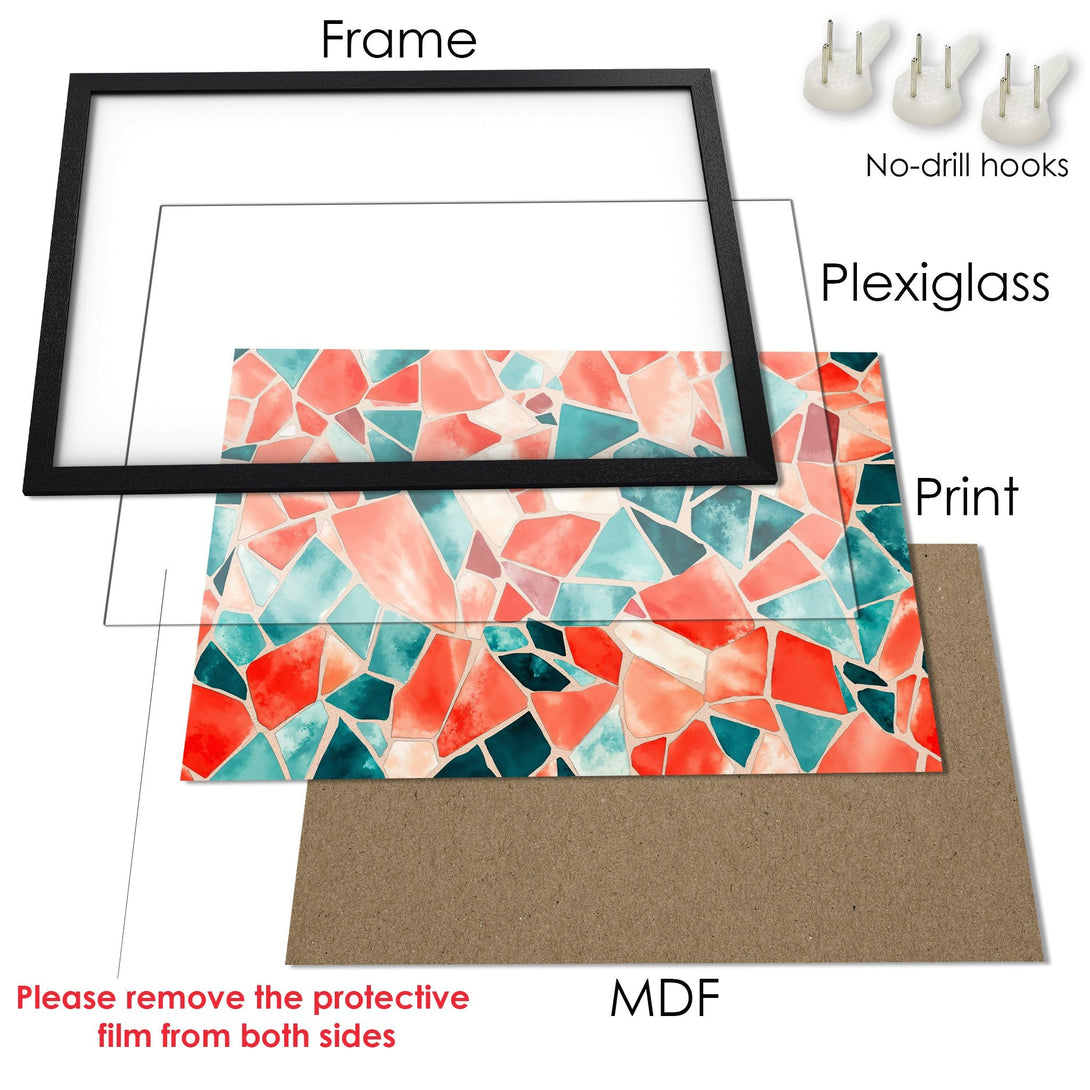 Framed Poster with abstract geometric design in coral, teal, and beige. Modern art for your home!
