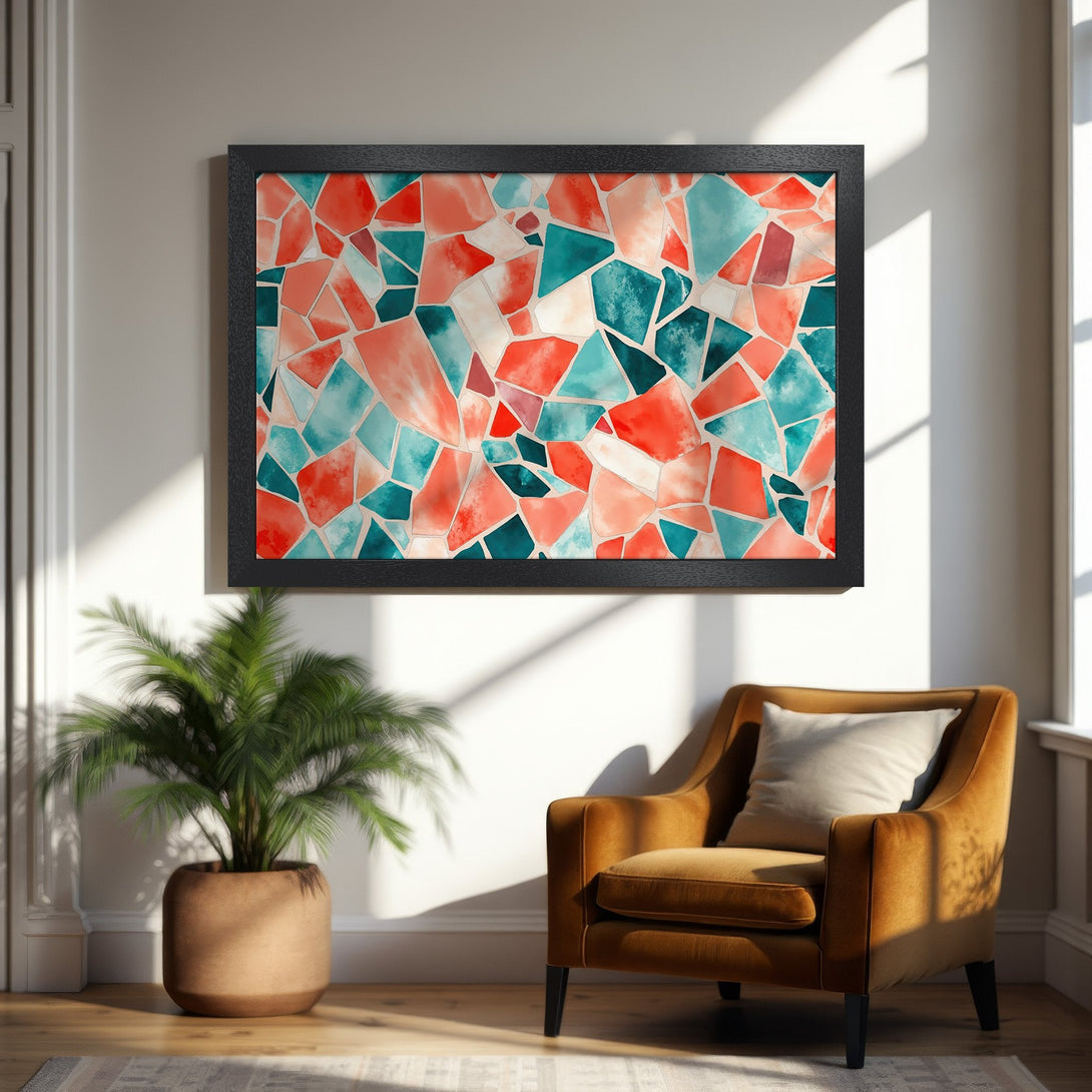 Framed Poster featuring abstract mosaic art in teal and coral tones. Modern style, perfect for home decor.