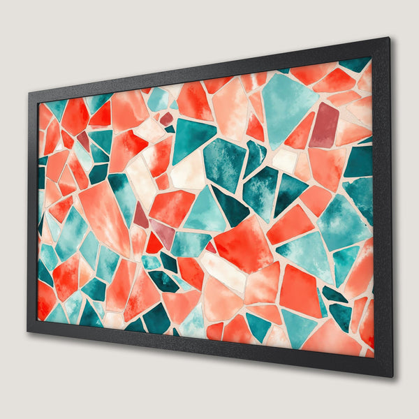 Framed Poster featuring a vibrant mosaic design in teal, coral, and red. Modern art print perfect for home decor.