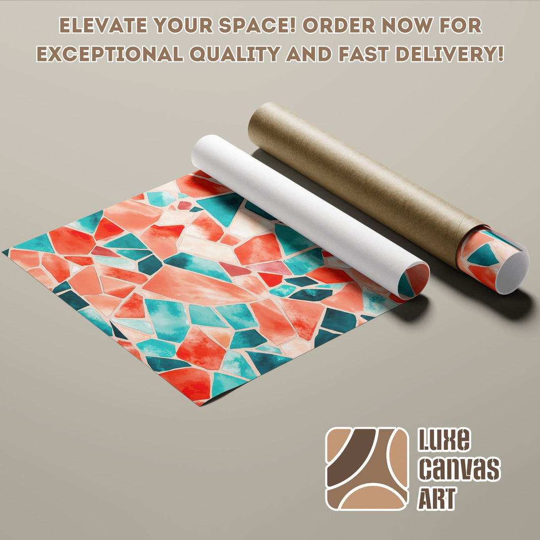 Abstract art Poster Roll with geometric design in teal, coral, and peach tones. Elevate your space!