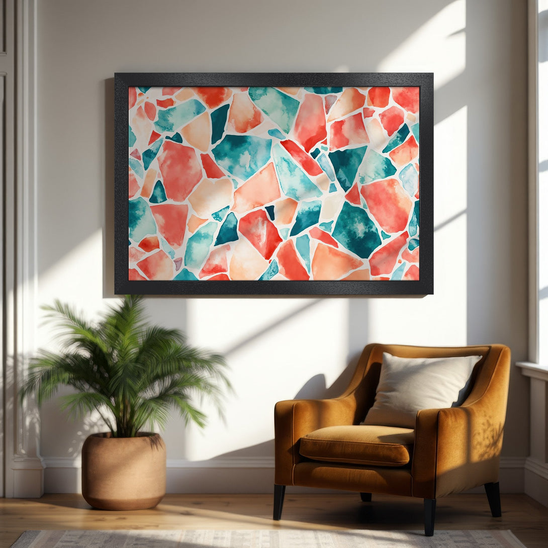 Framed Poster featuring abstract watercolor art in coral, teal, and peach tones. Perfect wall art for modern home decor.