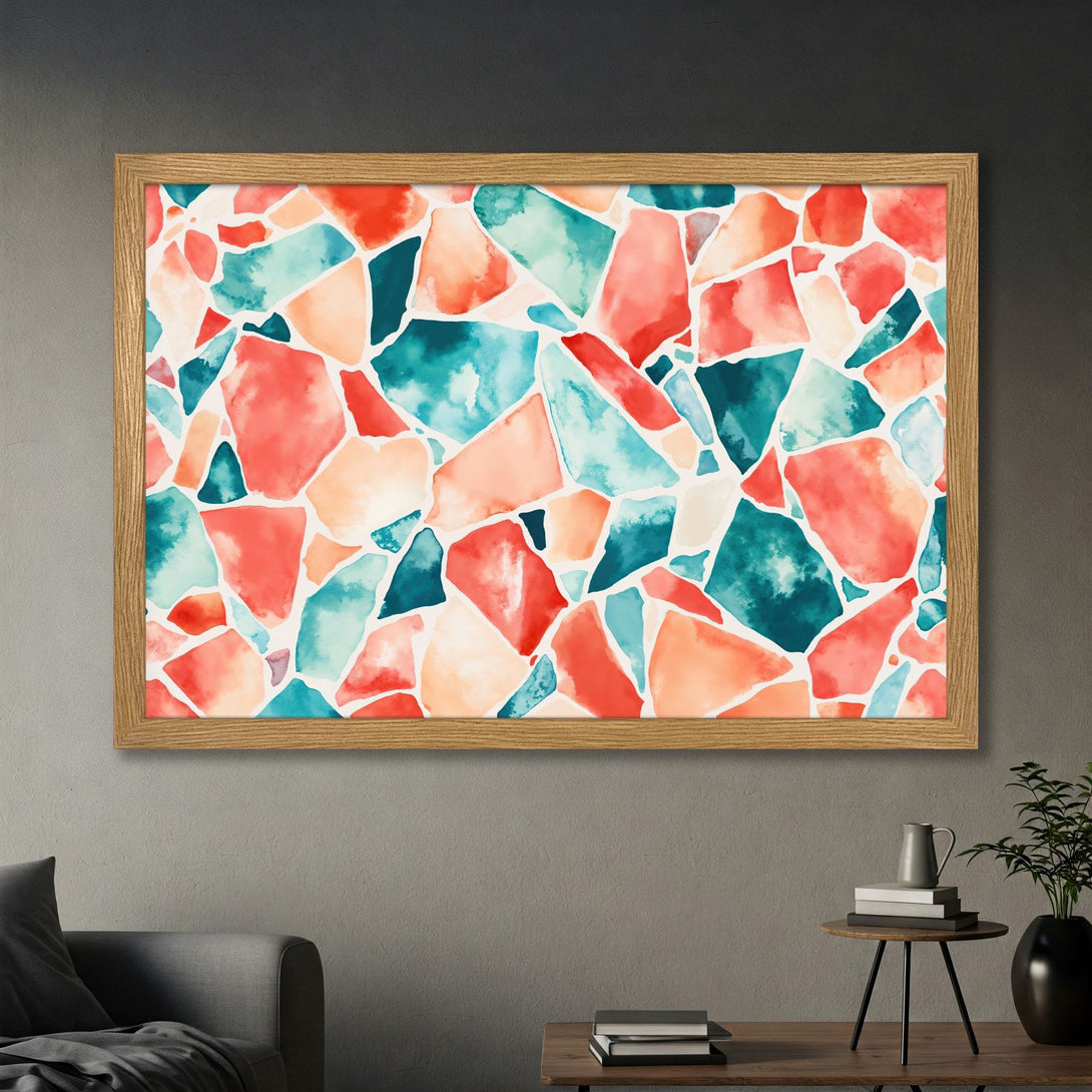 Framed Poster featuring abstract watercolor art with a vibrant coral, teal, and peach color palette. Perfect wall decor!