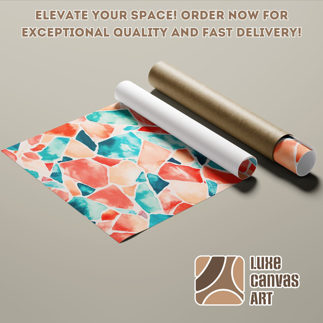 Abstract art Poster Roll with vibrant watercolor design in coral, teal, and beige. Elevate your space!