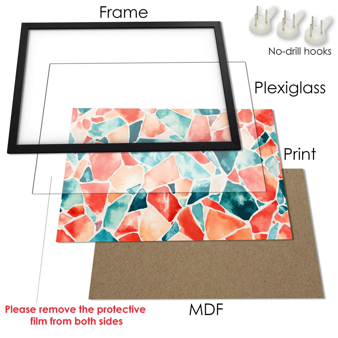 Framed Poster with abstract watercolor design in coral, teal, and peach tones. Modern art for your home!