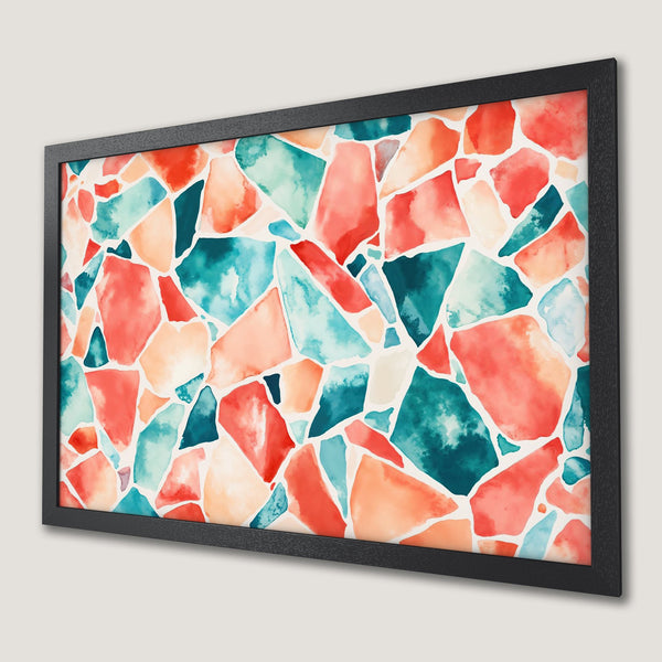 Framed Poster featuring abstract watercolor design in red, teal, and peach hues. Modern art for your space!