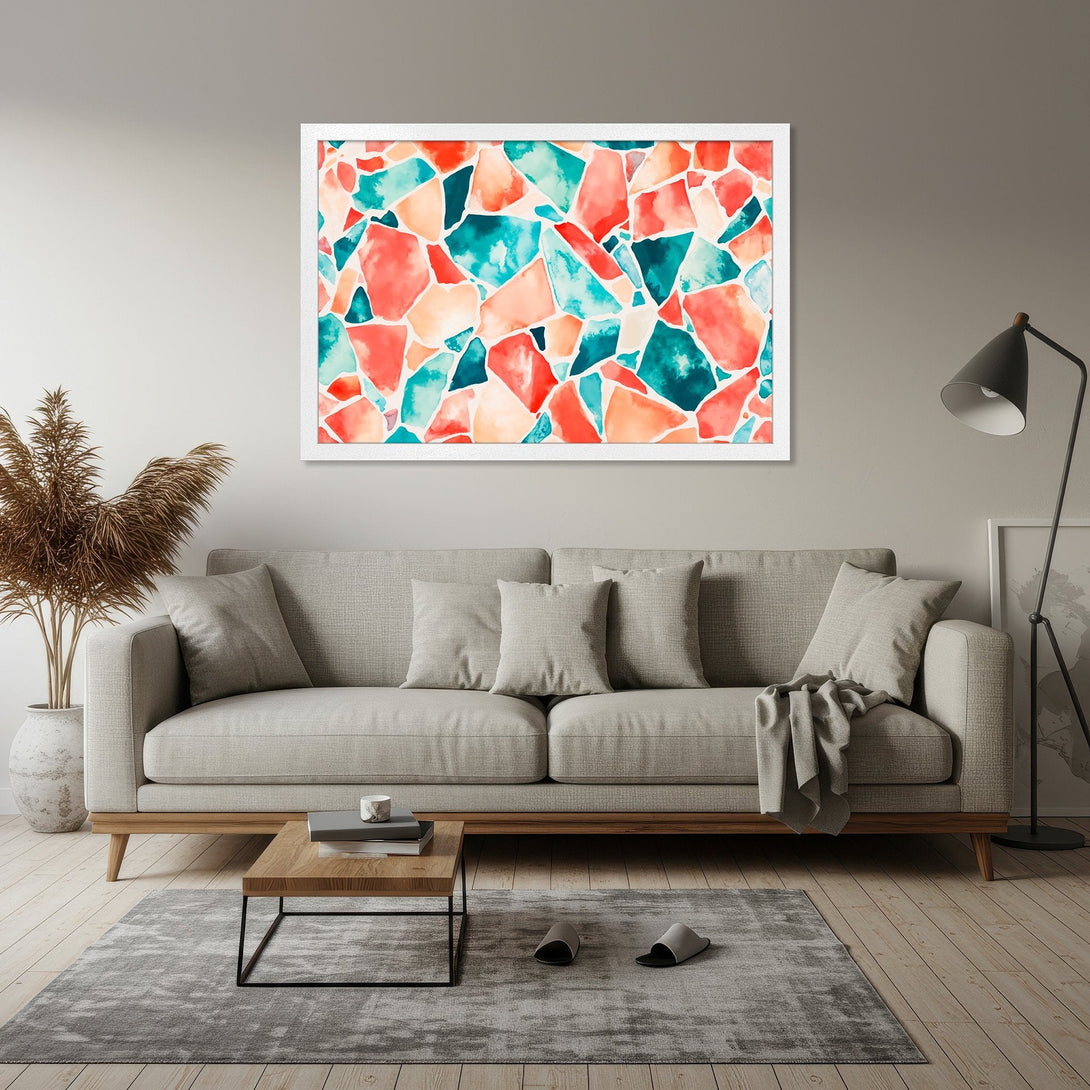 Framed Poster featuring abstract watercolor art in coral, teal, and peach. Modern art print for home decor.