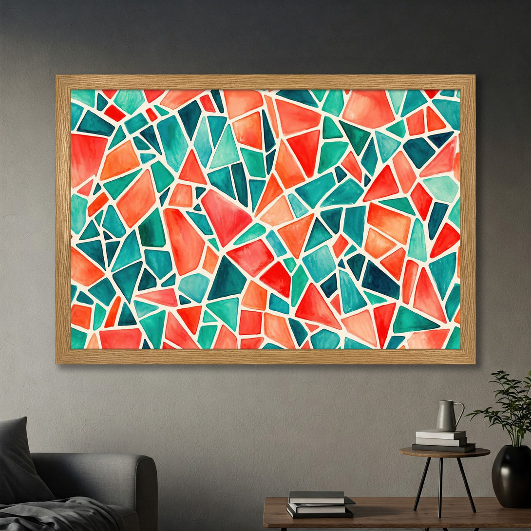 Framed Poster featuring abstract watercolor art in red, teal, and orange, perfect wall decor.