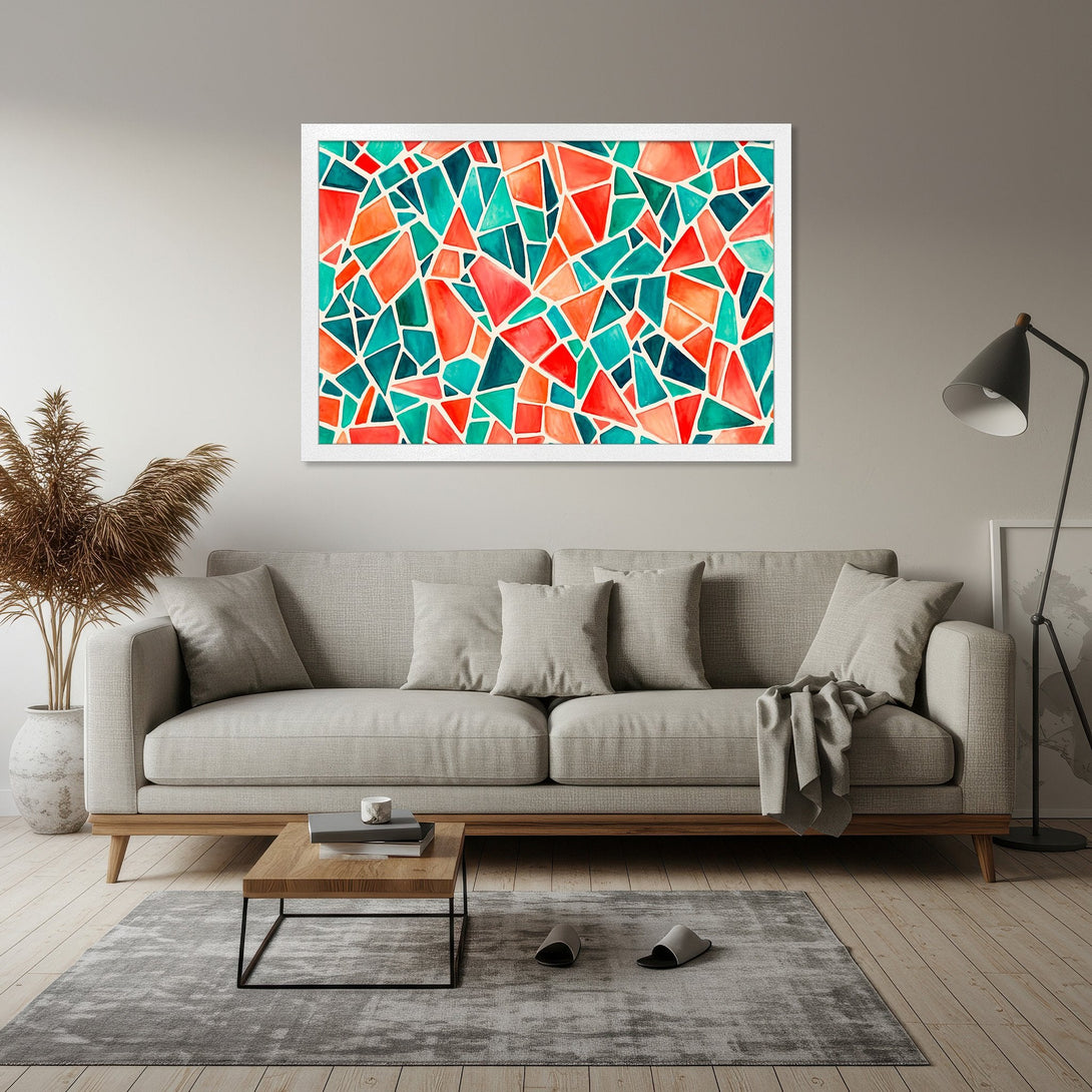 Framed Poster featuring abstract geometric art in a vibrant red, teal, and orange watercolor palette. Modern art for your home decor!