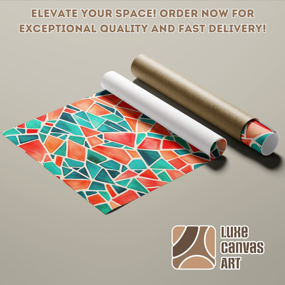 Abstract art Poster Roll in vibrant teal, orange, and red colors. Elevate your space with this unique design!