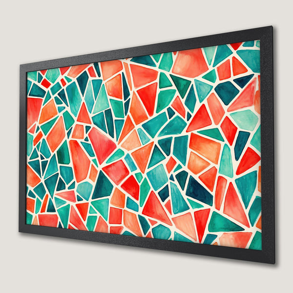 Framed Poster featuring a colorful abstract mosaic design in watercolor style. Vibrant red, teal, and orange palette. Perfect wall art!