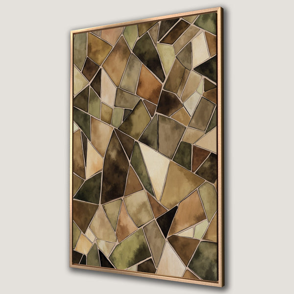 Framed Wall Art featuring an abstract geometric design in earthy tones of brown, green, and beige. Modern art for your home decor.