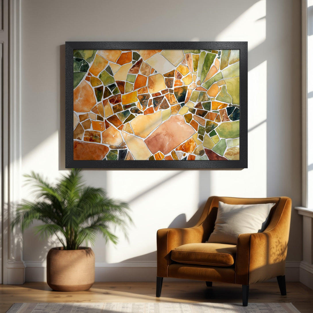 Framed Poster featuring abstract mosaic art in warm orange, green, and brown tones. Perfect for adding a touch of modern style to your home.