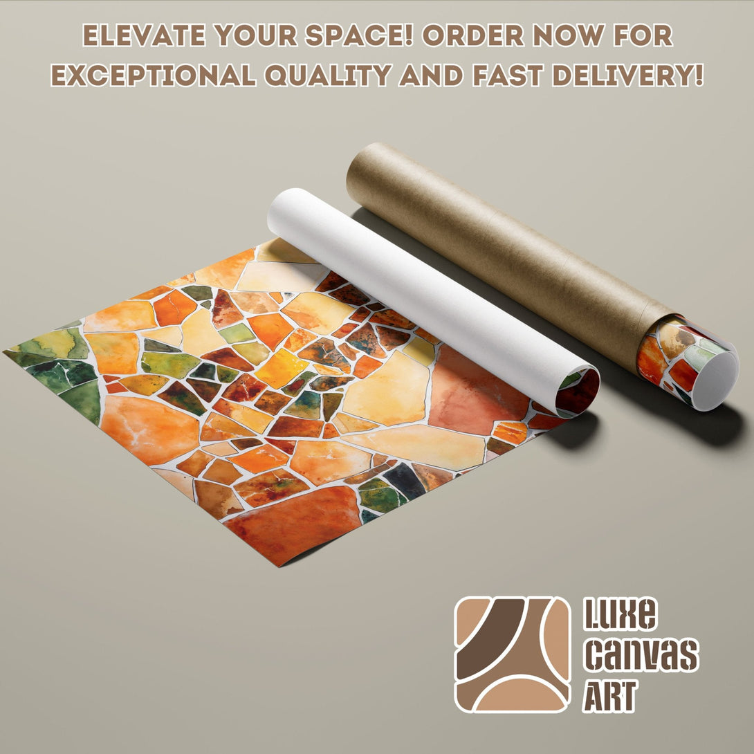 Poster Roll featuring abstract mosaic art in warm orange and green tones. Elevate your space!